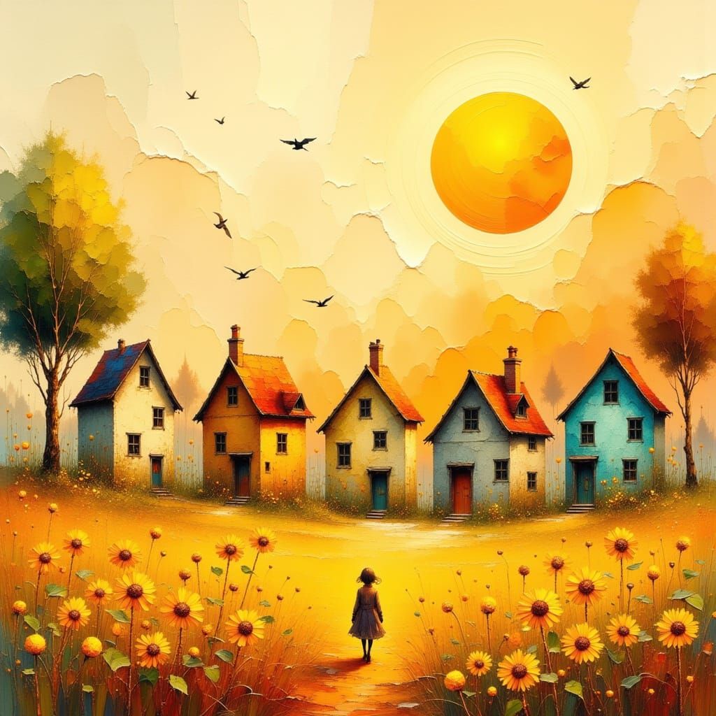 Whimsical Houses in Sunflower Meadow at Sunset