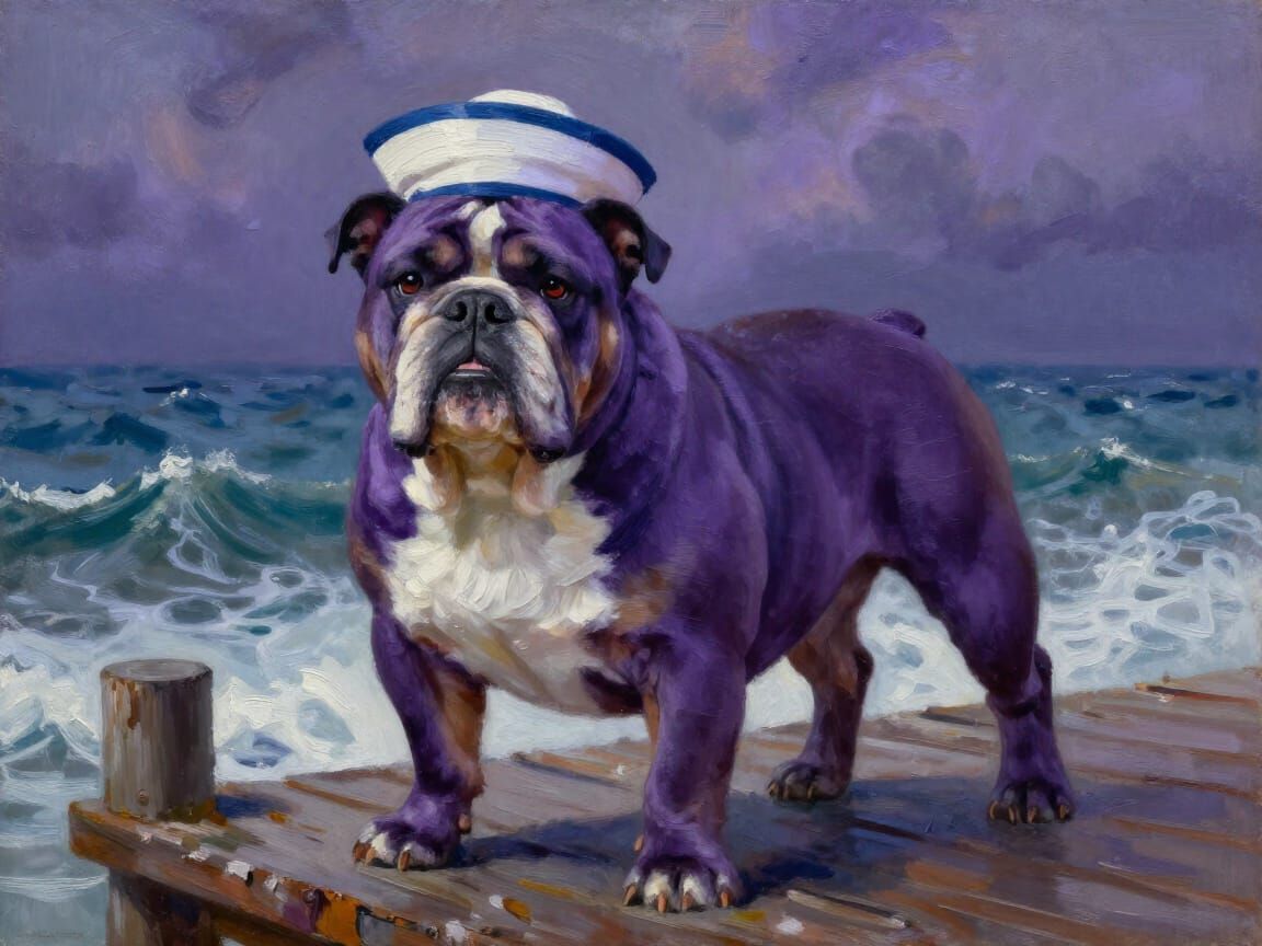 English Bulldog in Sailor Hat on Stormy Pier Oil Painting