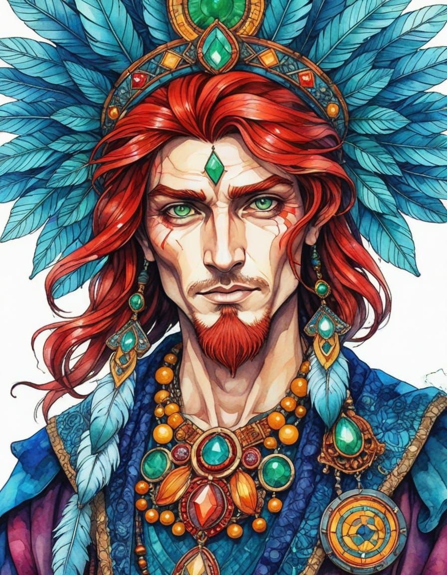 Mysterious Shaman Portrait in Stained Glass Art Style