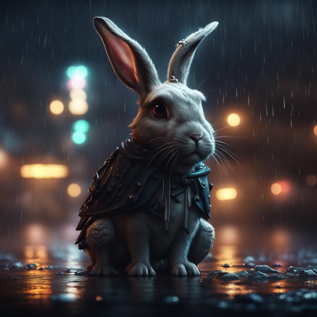 Sad Bunny Rabbit in Rainy Night Fantasy Art