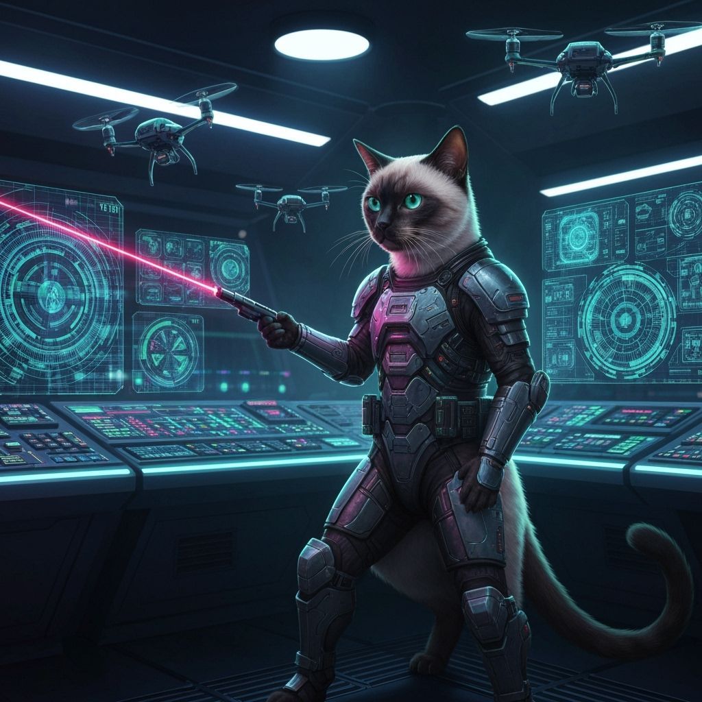 Cyberpunk Siamese Cat Commands Drone Fleet