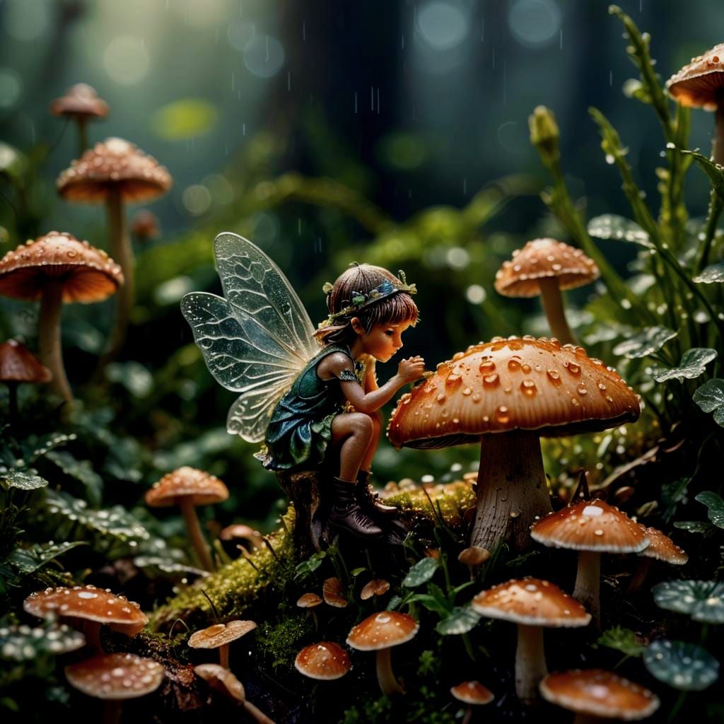 Fairy on Mushroom: Hyperrealistic Macro Photography