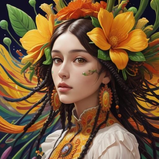 Woman with Flower Crown in Vivid Landscape Painting