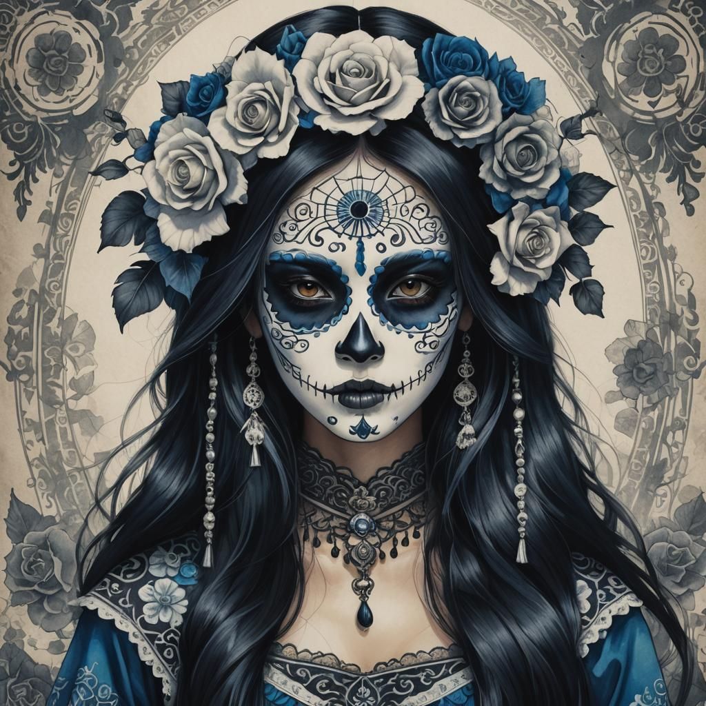 Gothic China-Inspired Portrait of a Catrina in Ink Wash Styl...