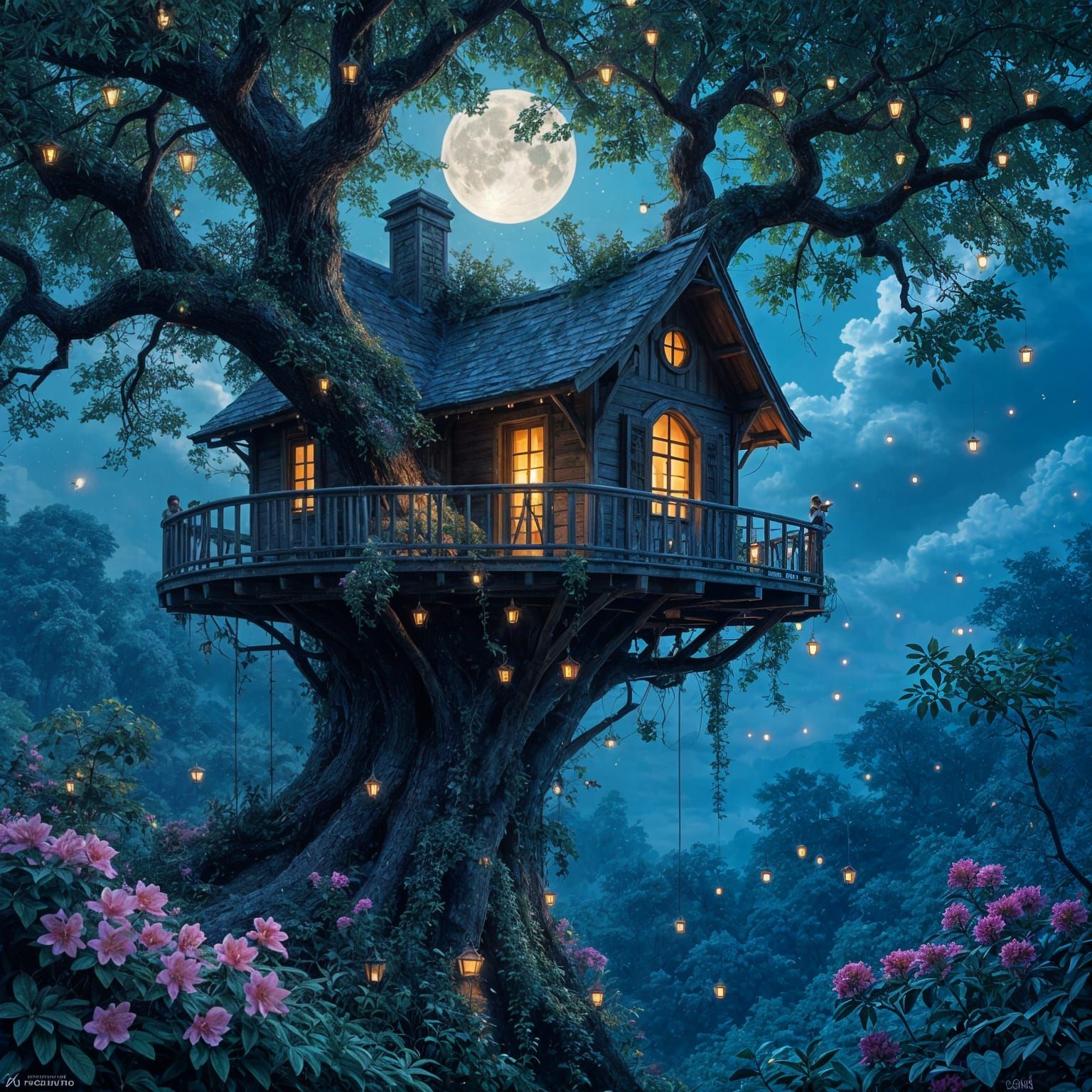Enchanting Treehouse with Fireflies in Starry Night