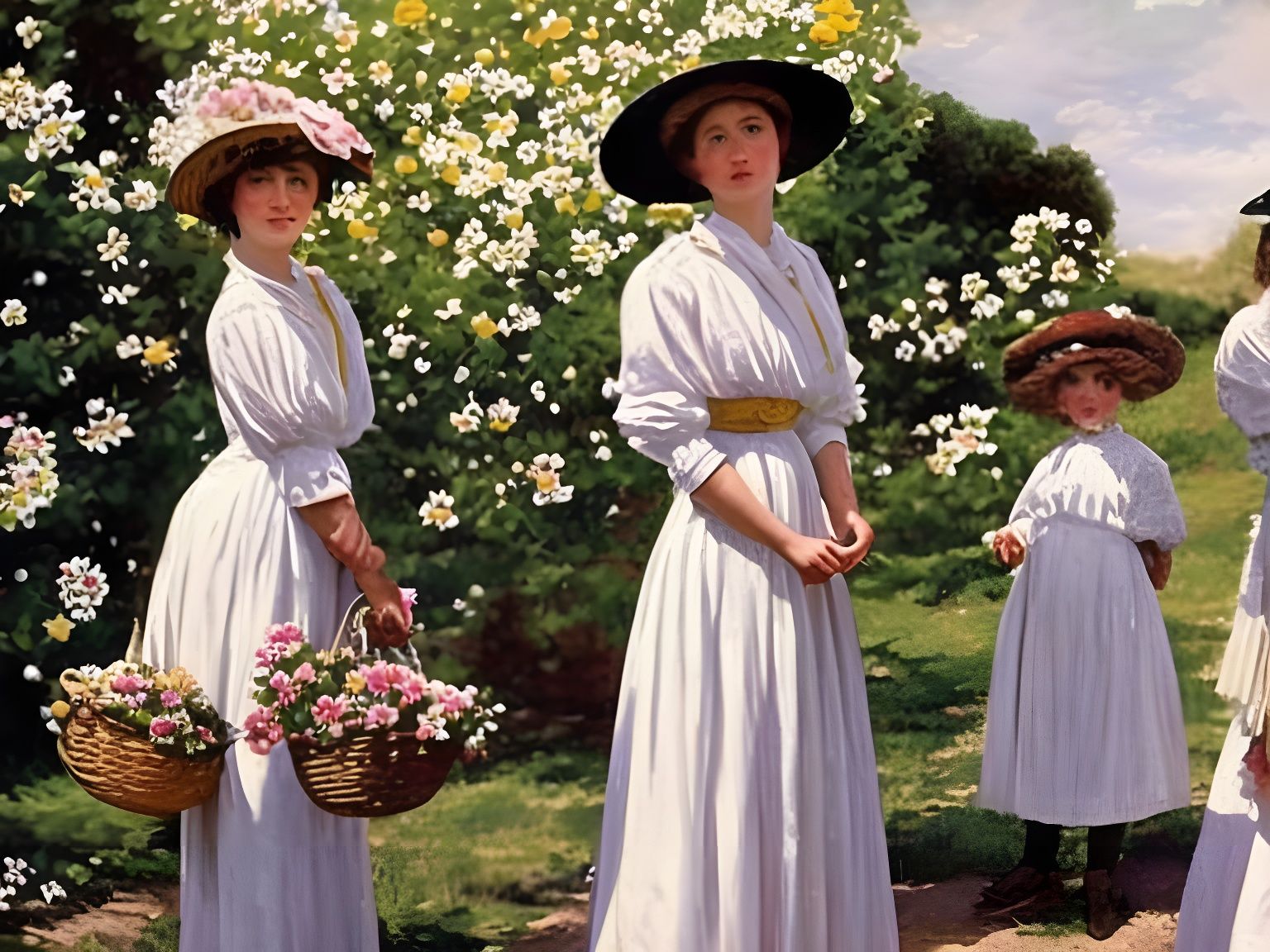 Edwardian Cherry Blossom Garden, Oil Painting Style