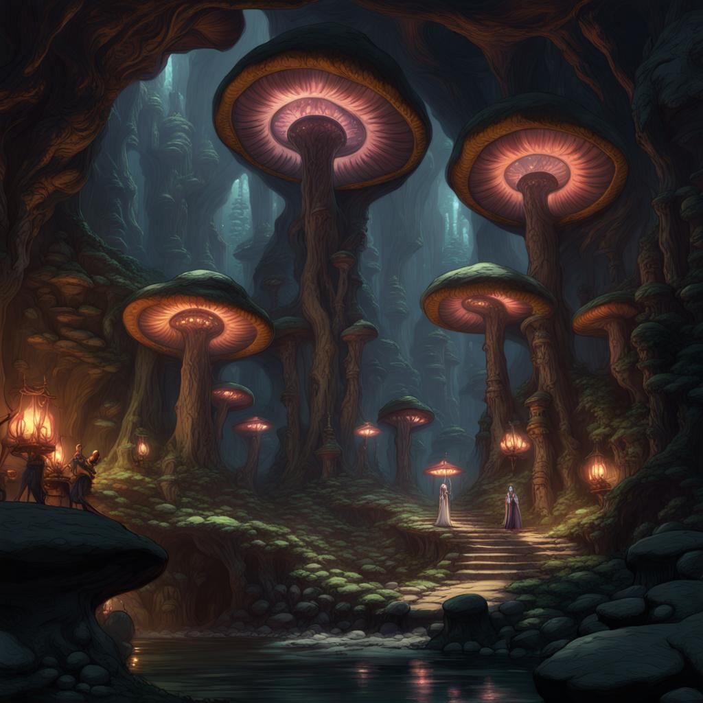 Dark Elf Empire in Mushroom Caves: Ghibli-Inspired Art