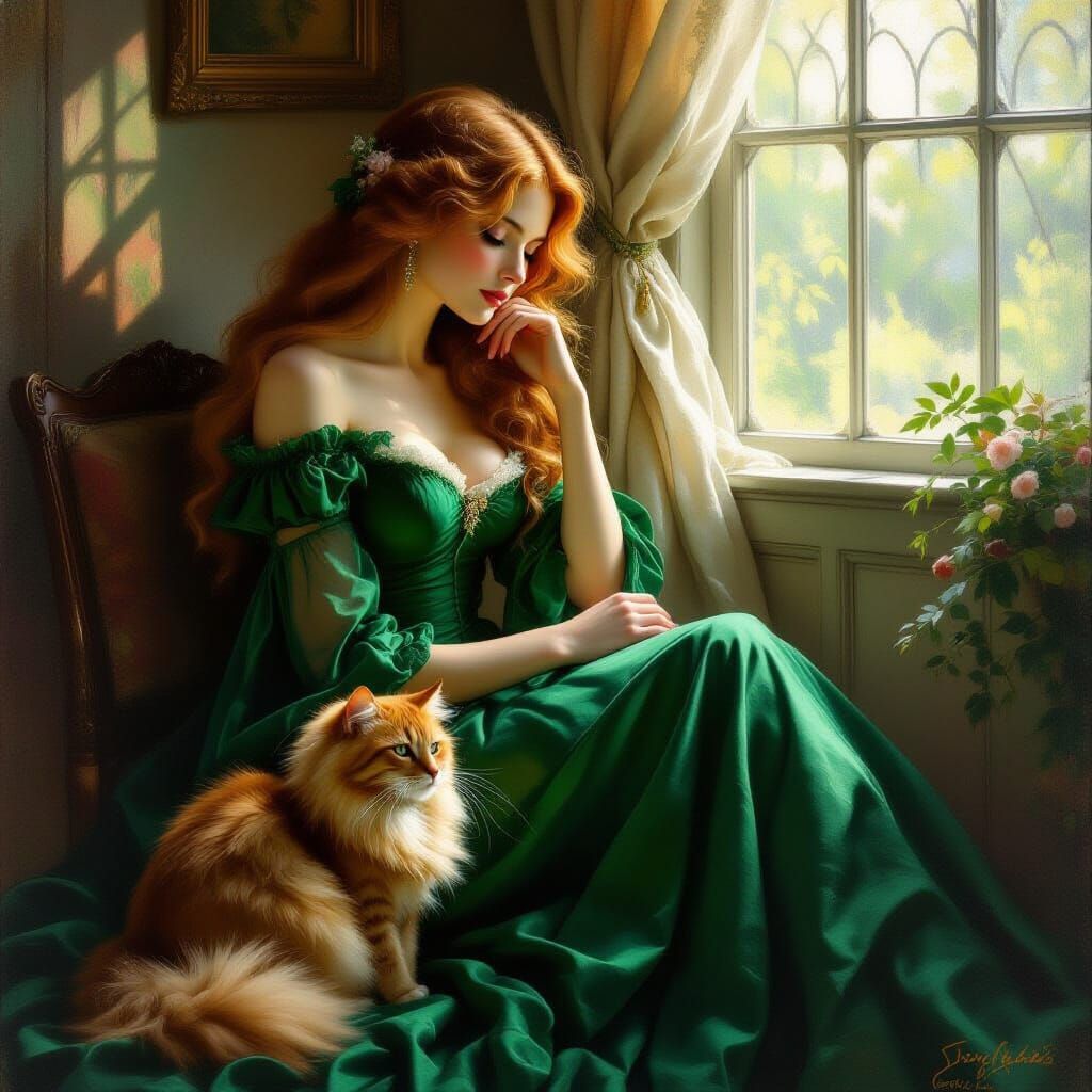 Elegant Woman and Ginger Cat in Emerald Dress