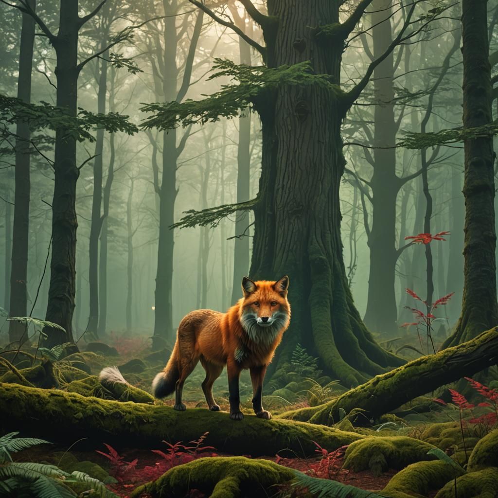 Fox-Lion Hybrid in Misty Forest, Matte Painting