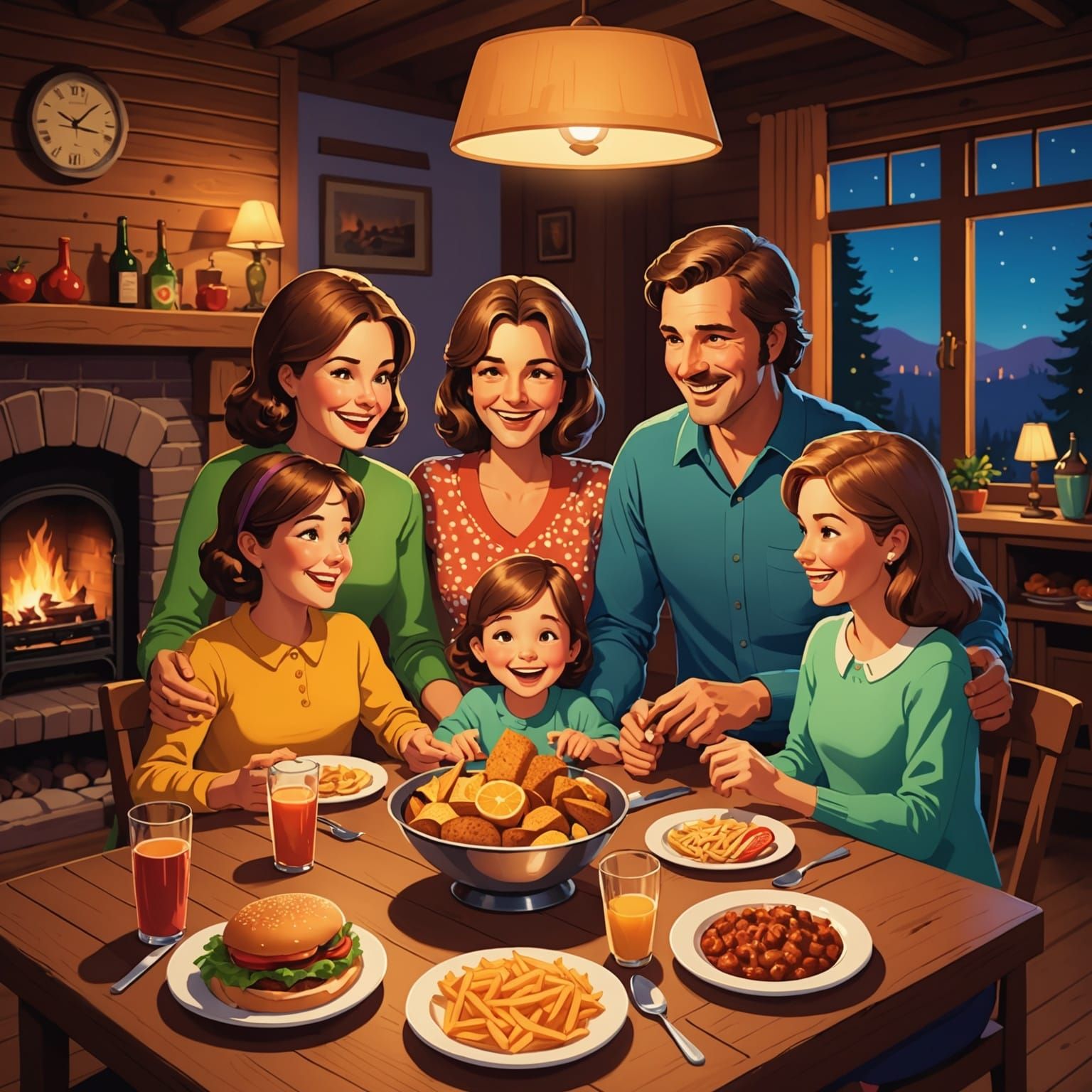 Happy Family Meal in 70s Cartoon Style
