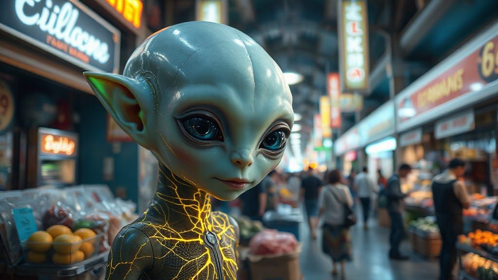 Alien Toddler in a Hyper-Detailed Alien Marketplace