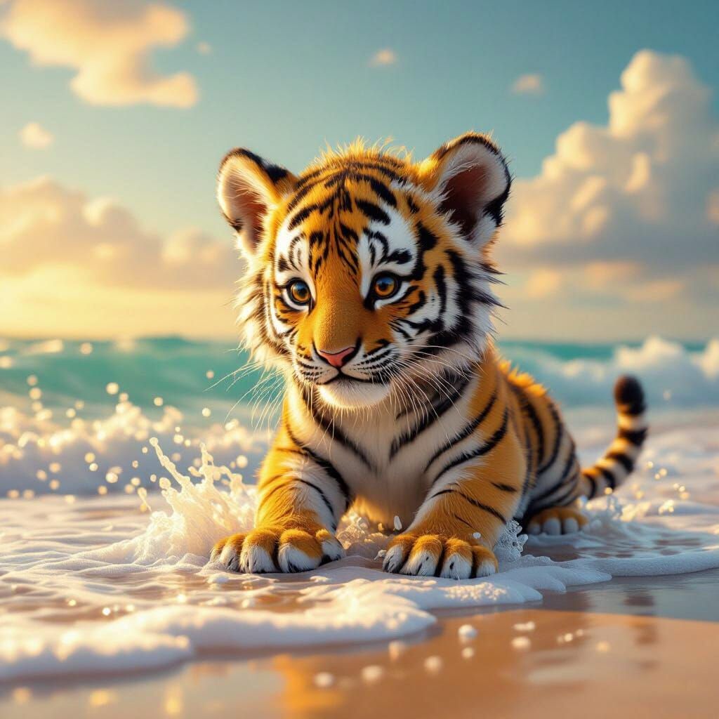 Baby Tiger on Beach: Detailed Matte Painting