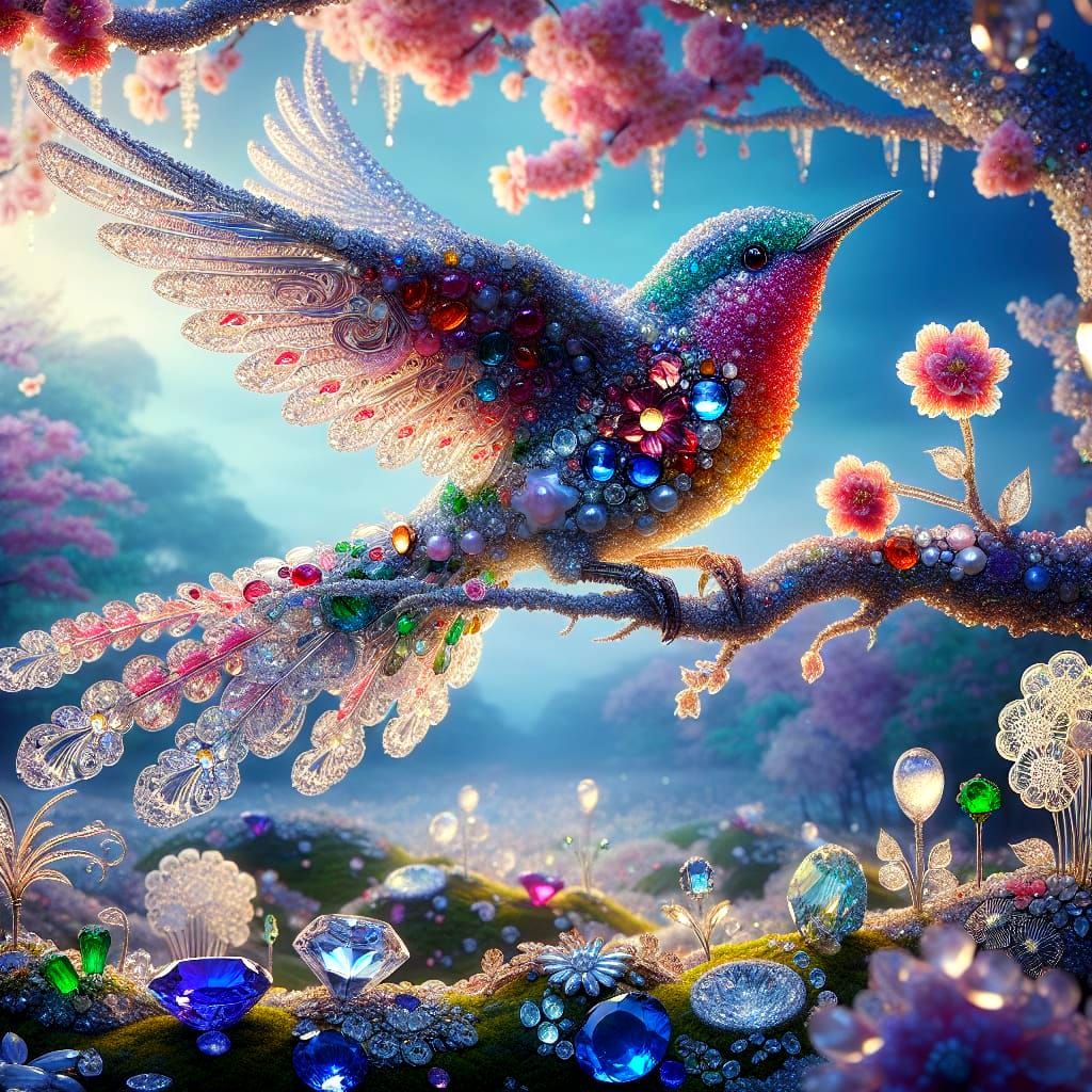 Splendid Jewel-Encrusted Bird Perched on Gemstone Cherry Blo...