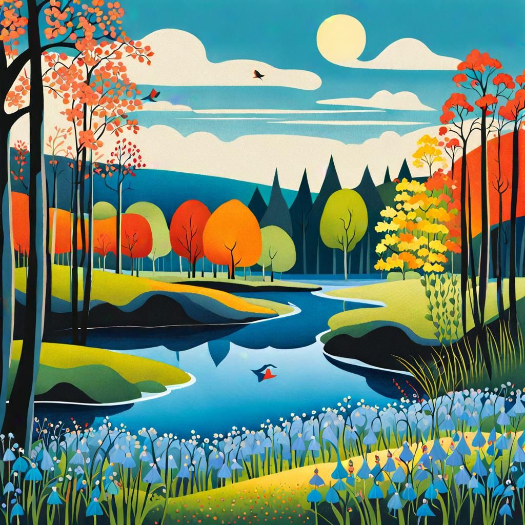 Springtime Bluebells Illustration in Gouache Style