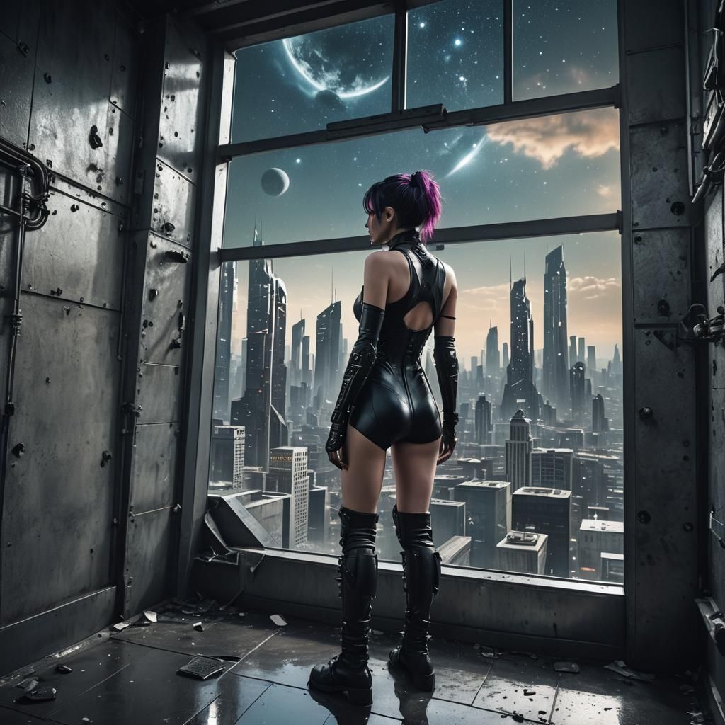 Goth Girl Gazing at Cyberpunk Cityscape