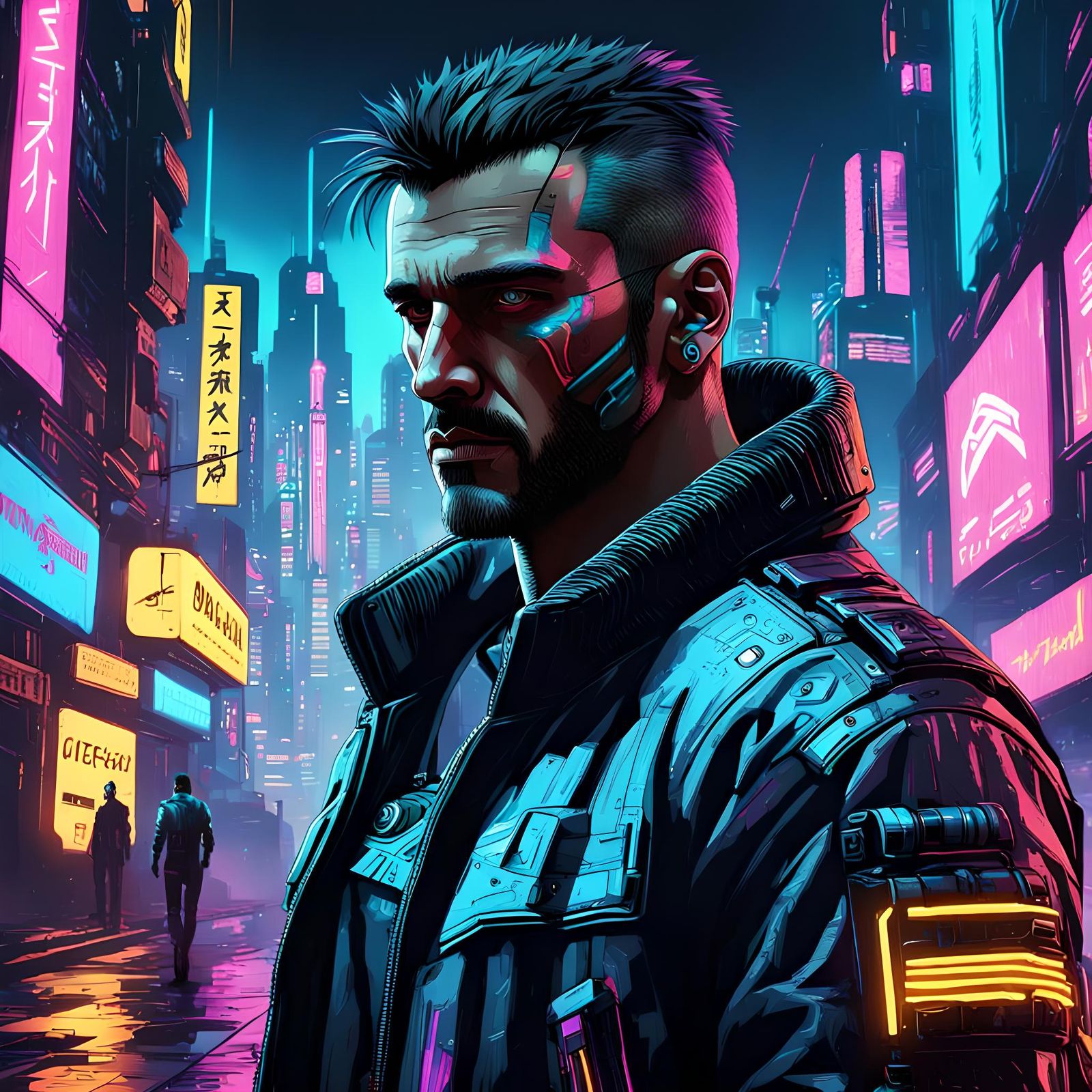 Cyberpunk Man in Neon Cityscape