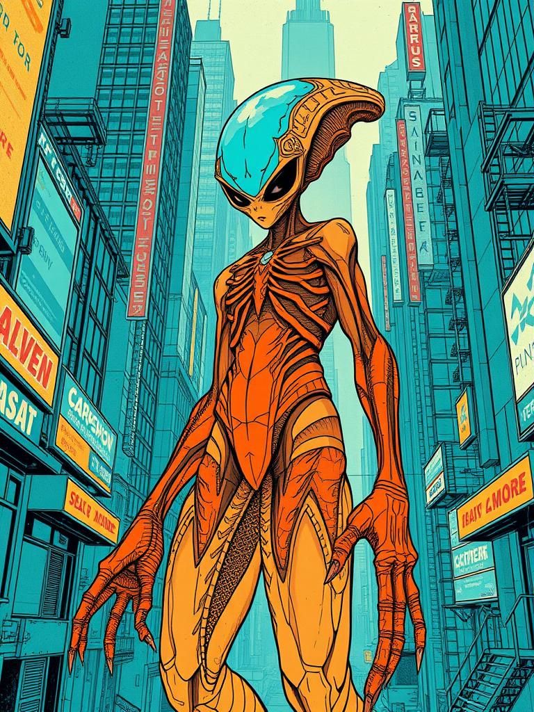 Orange and Teal Alien Citizen in Urban Setting