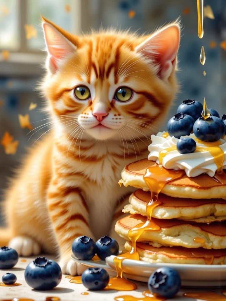 <lora:Abstract Painterly:0.8> <lora:Earth and wash:0.8> Photorealistic fluffy ginger orange tabby kitten with warm amber...