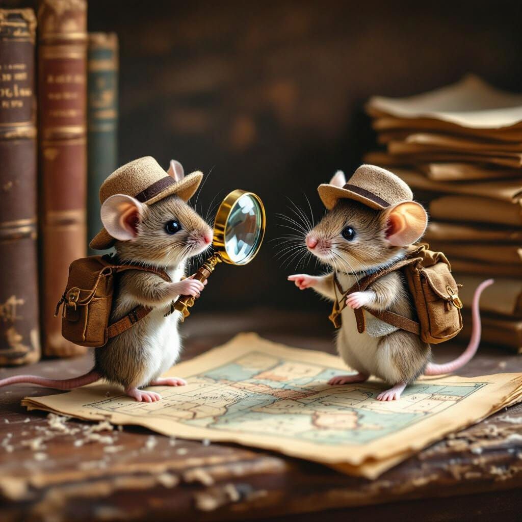 Whimsical Mice Explorers on a Bookshelf