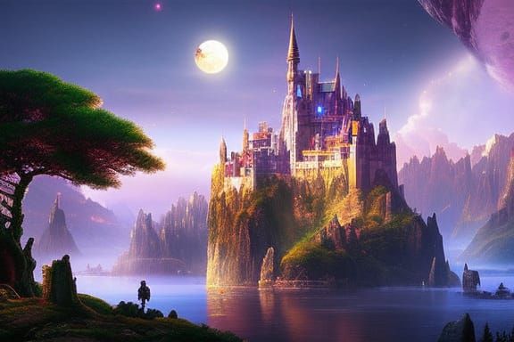 Iridescent Fantasy Landscape with Cosmic Night Sky