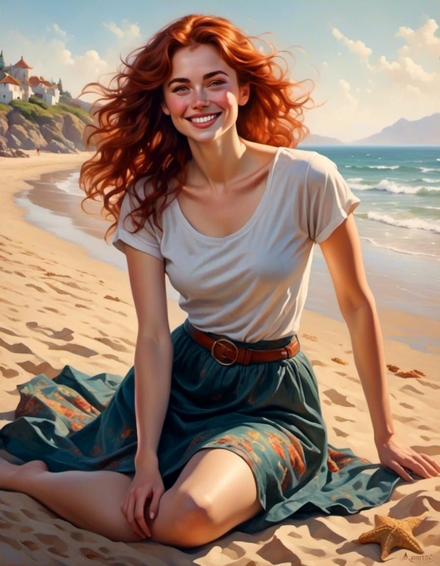 Joyful Woman on Beach in Mystical Fantasy Style