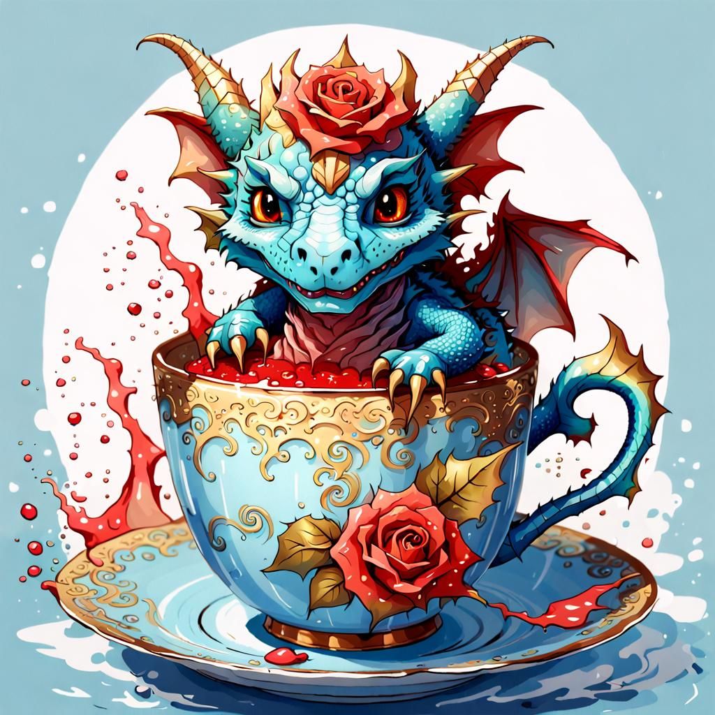 Rose Dragon in Teacup: Adorable Fantasy Art