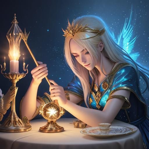 Blonde Tarot Reader with Phoenix Sparkles, Anime Style