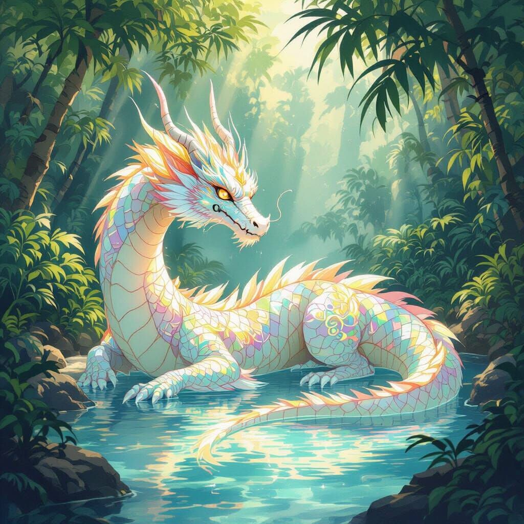 Dragon in Tropical Pool: Chinese Scroll Painting Style