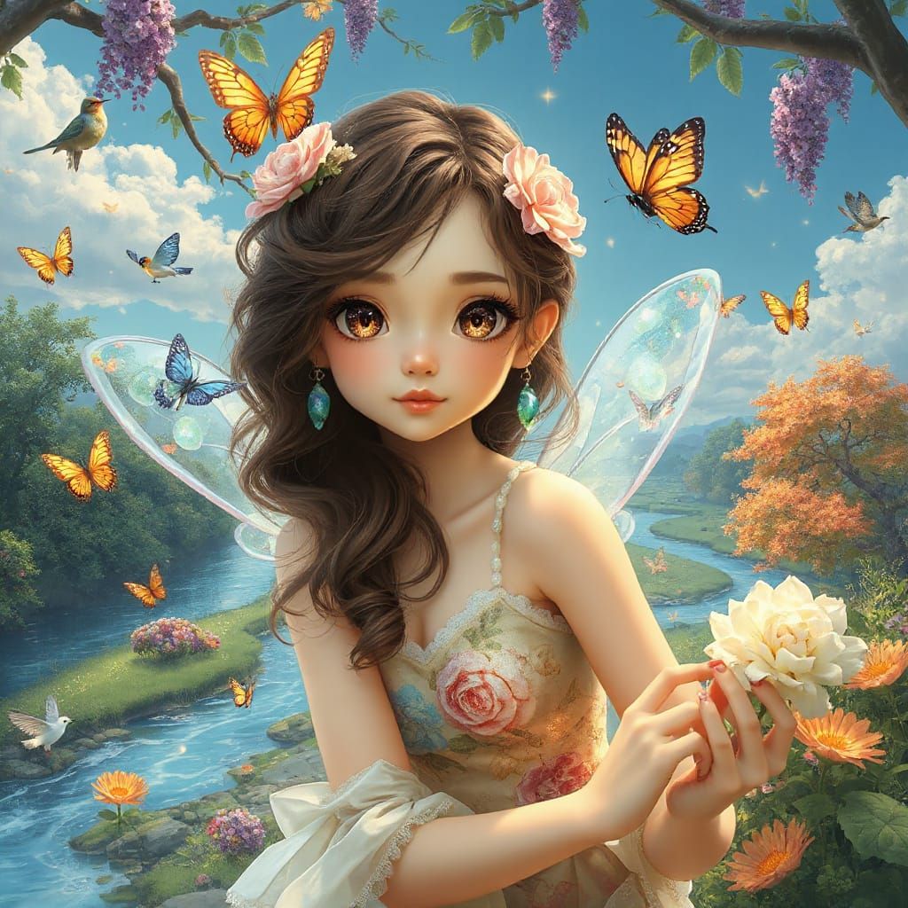 Whimsical Flower Fairy in Hyperrealistic Anime Style
