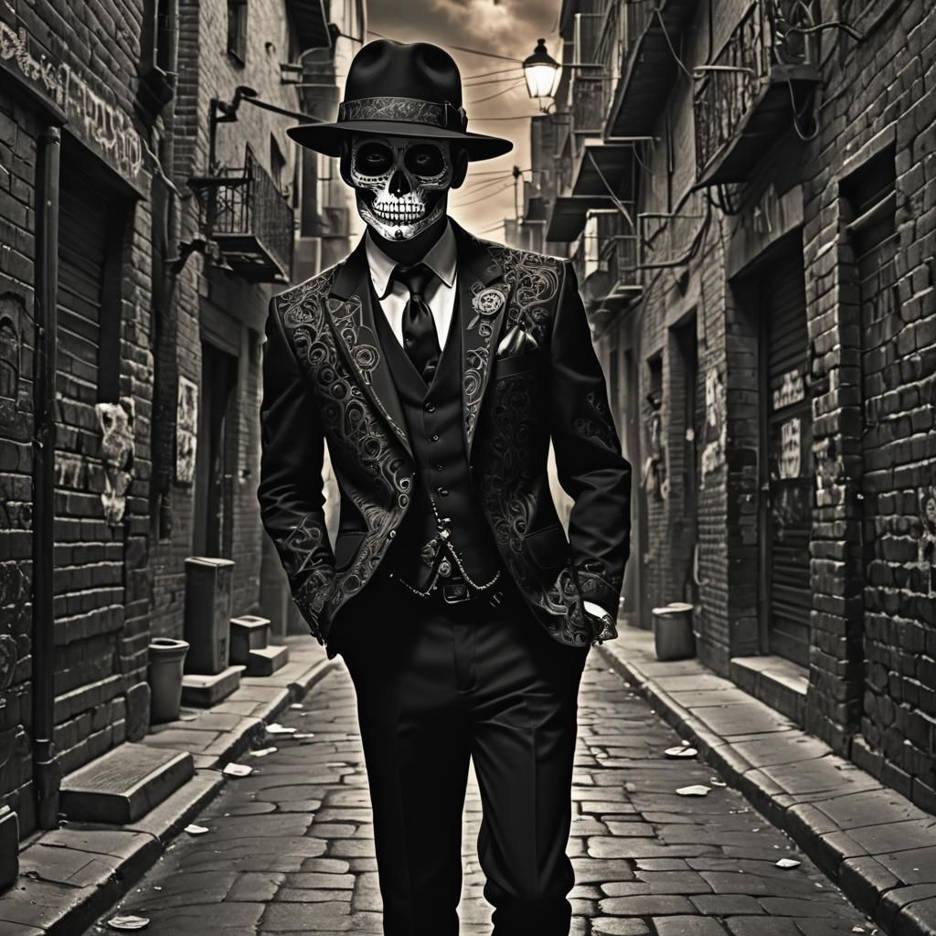 Sugar Skull Gangster in Dark Ink Illustration Style