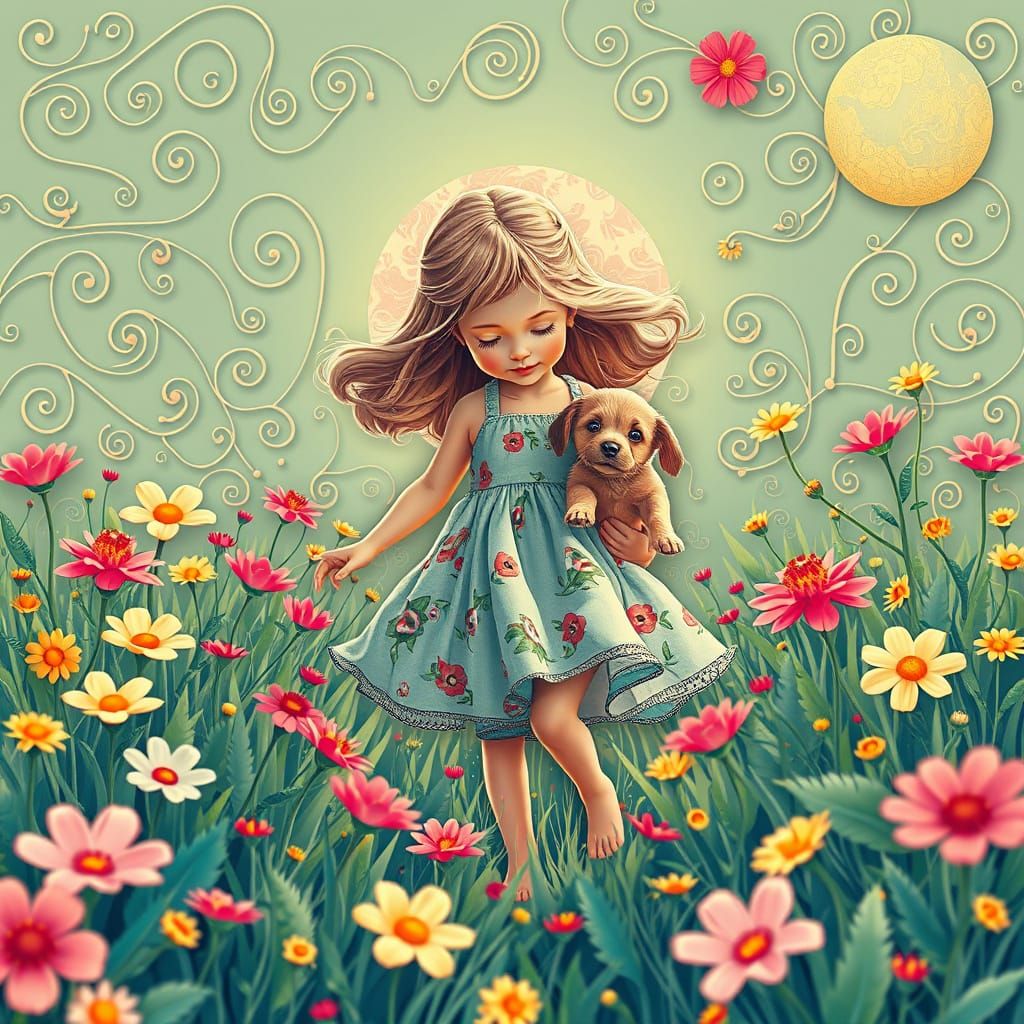 Girl and Puppy in Flower Field, 3D Digital Art