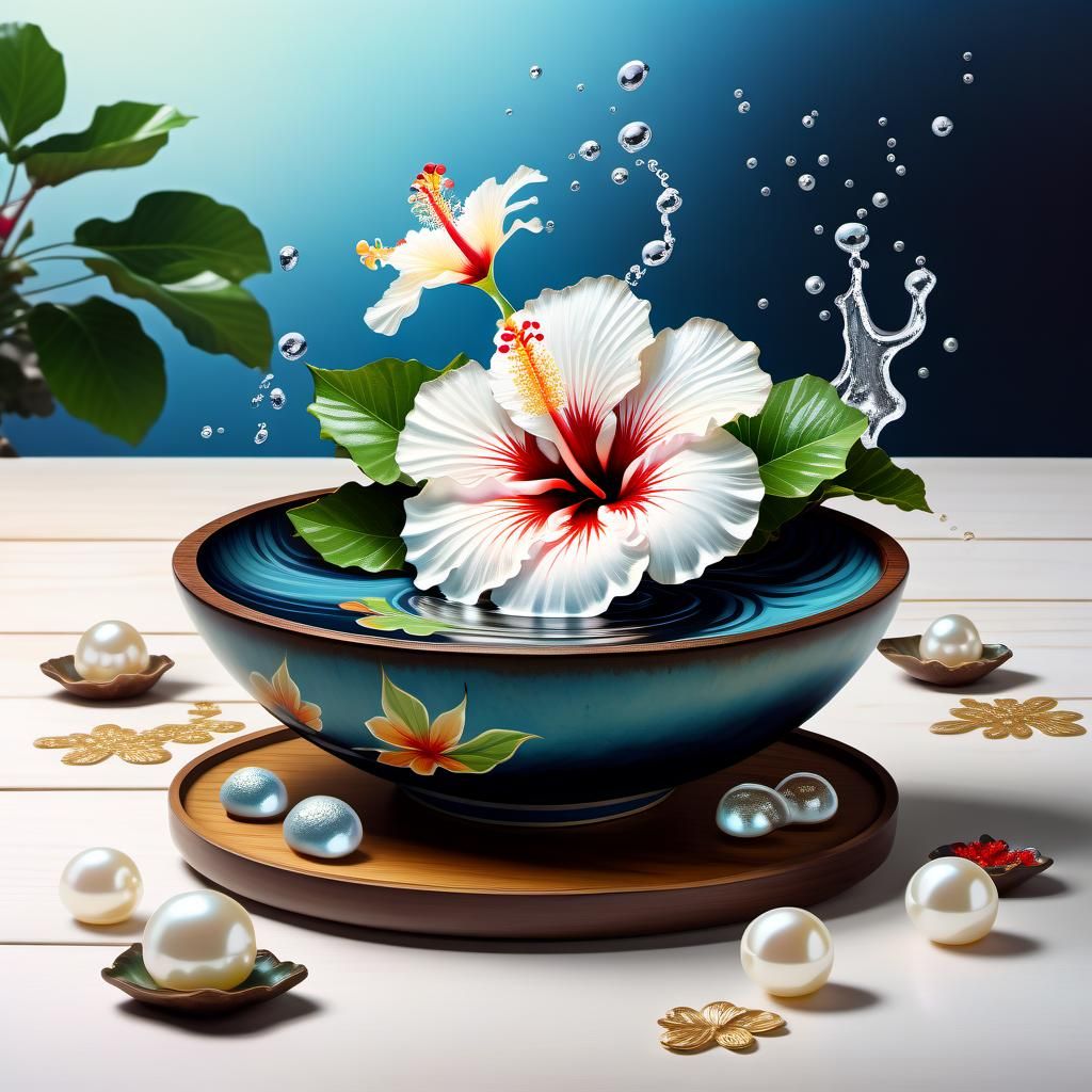 Hibiscus in Asian Bowl: Detailed Matte Painting