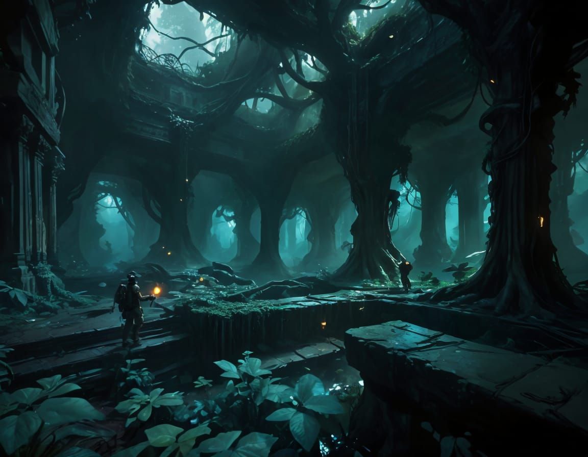 Explorers Navigate Treacherous Jungle in Digital Painting