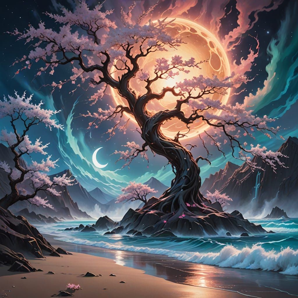 Mystical Tree of Balance at Eclipse in a Surreal Landscape