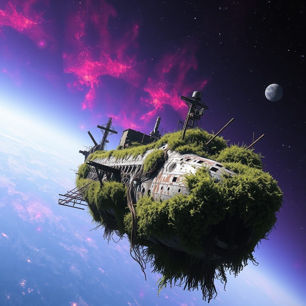 Abandoned Spaceship Graveyard in Vibrant Nebula