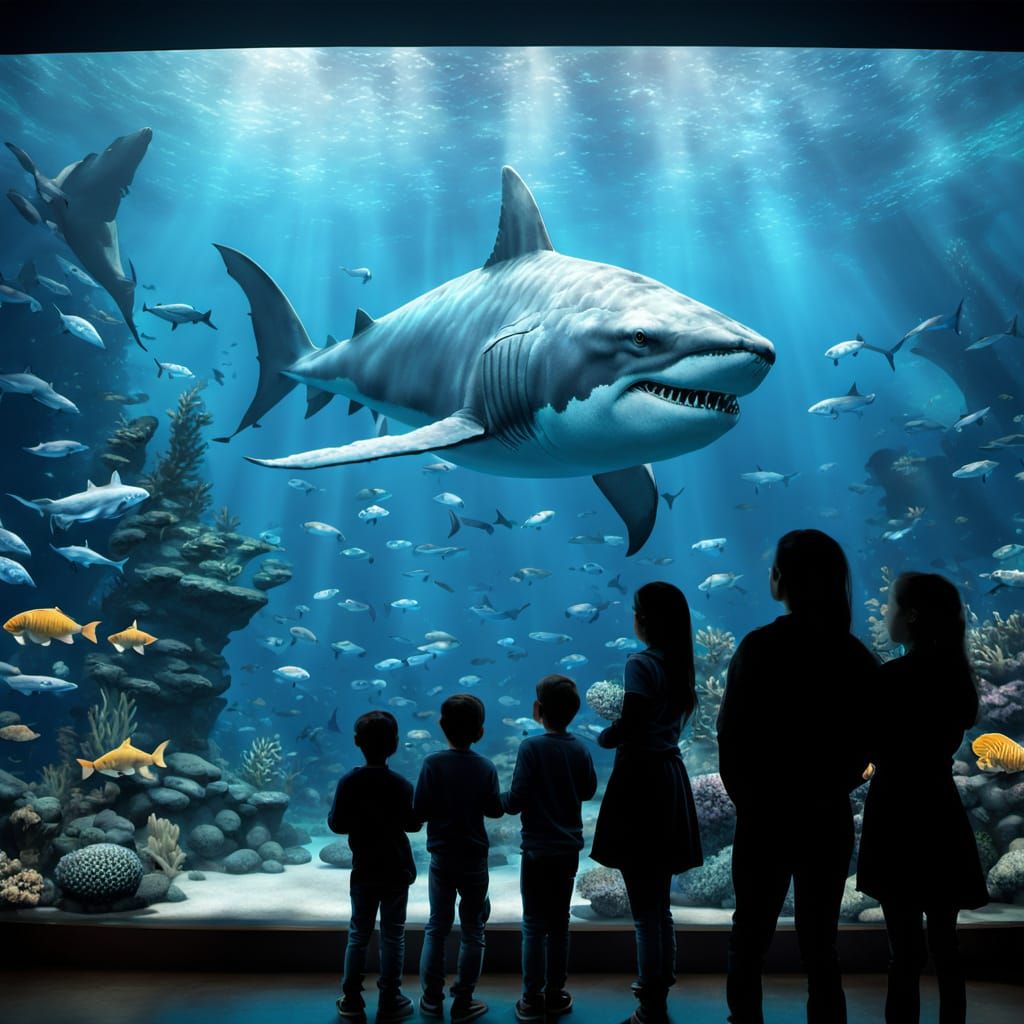 Giant Prehistoric Megalodon in Underwater Aquarium