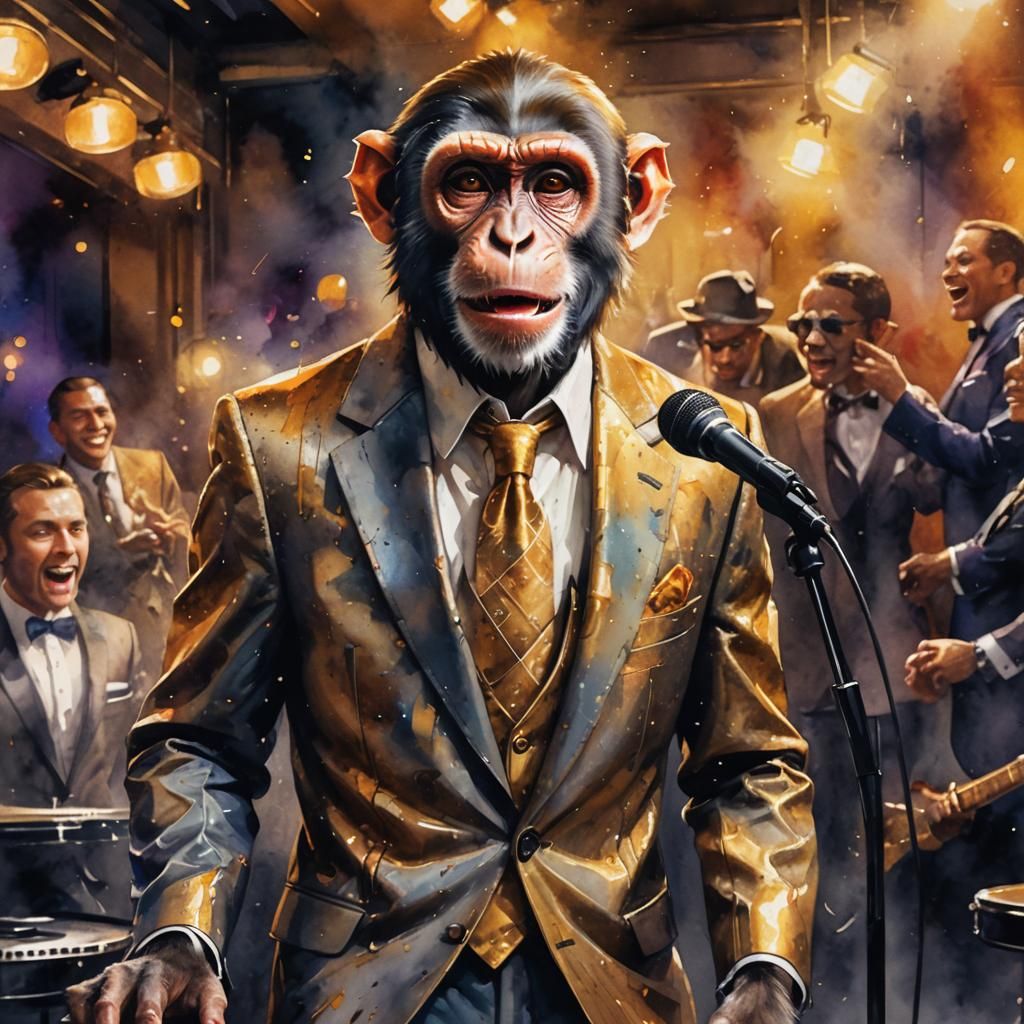 Well-Dressed Monkey Singing Jazz in Watercolor Style