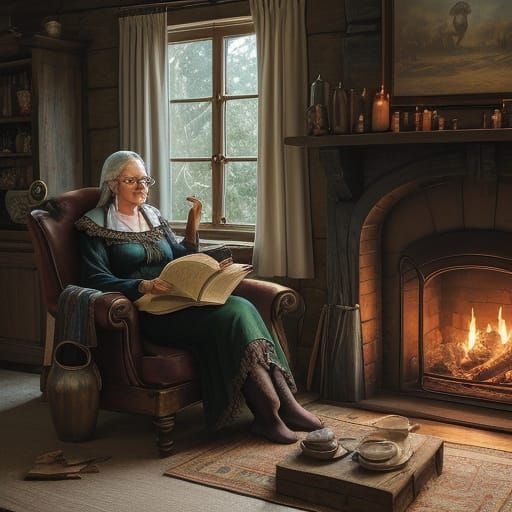 Elderly Witch Relaxing by Fireplace in Impressionist Oil Pai...