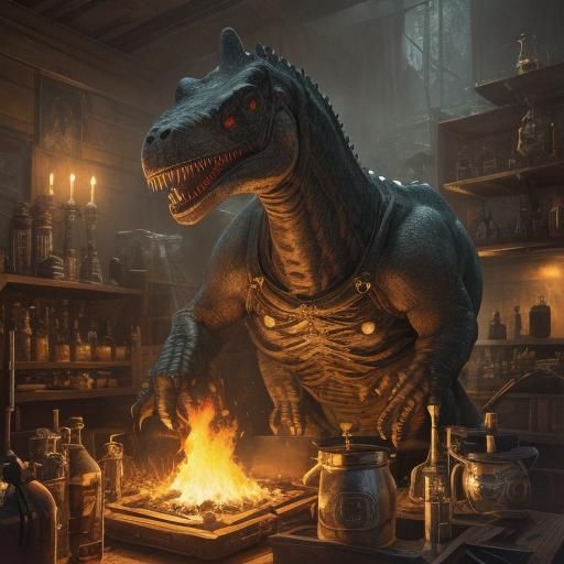 T-Rex Alchemist in Steampunk Laboratory