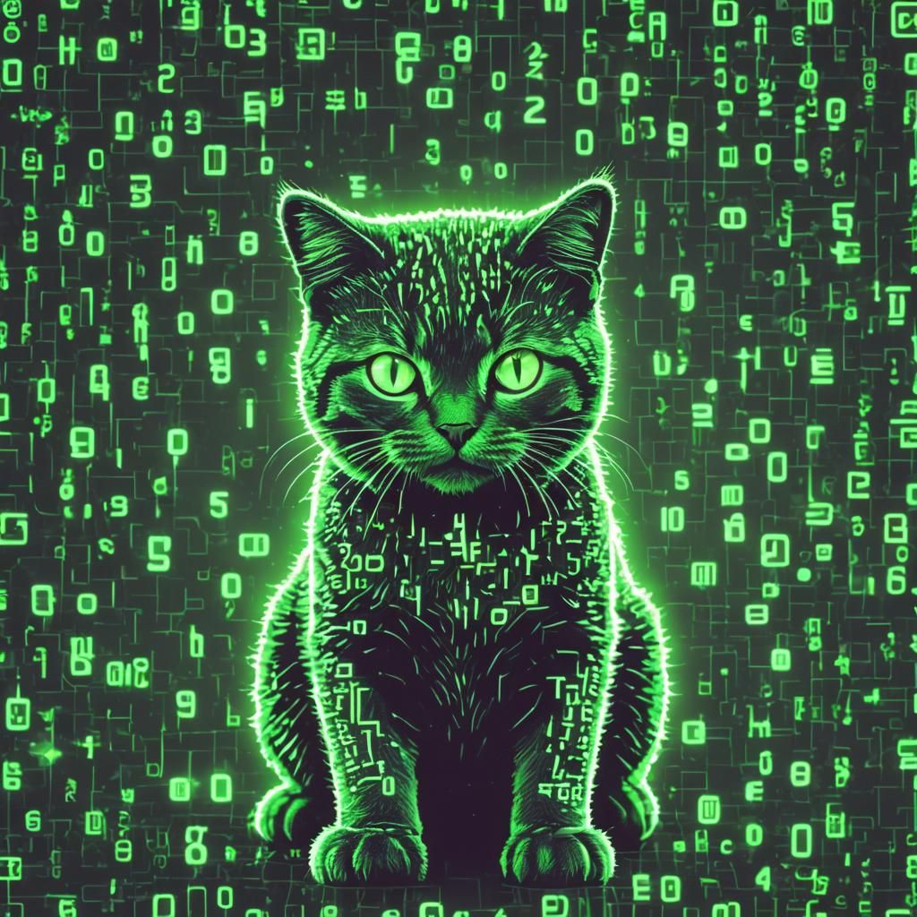 Glowing Matrix Code Cat in Synthwave Style