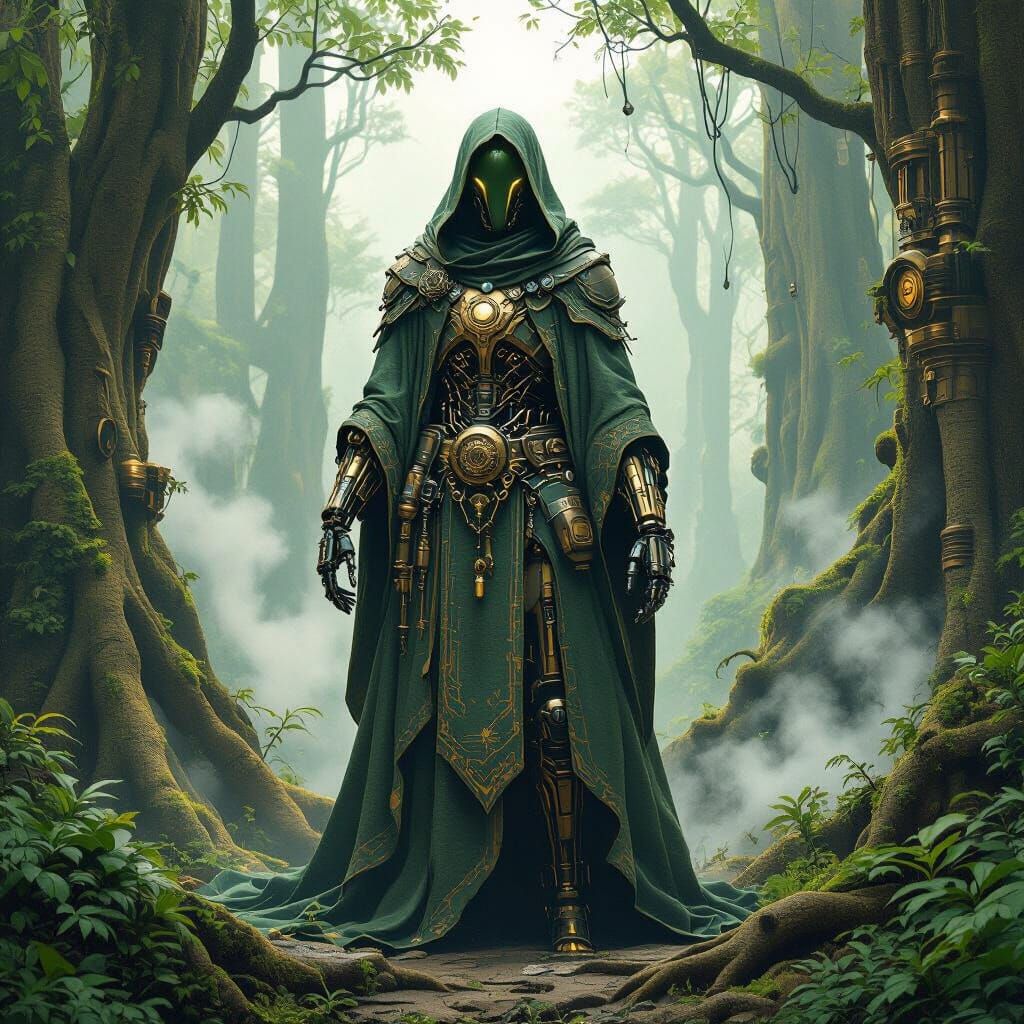 Cyborg Druid in Steampunk Grove: Matte Painting