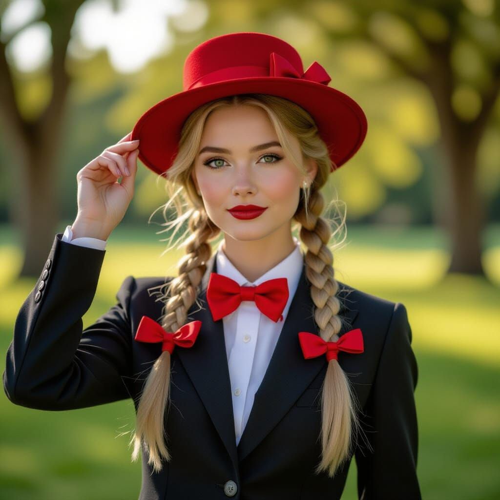 Woman in Suit Tipping Hat in Park, Cinematic Style