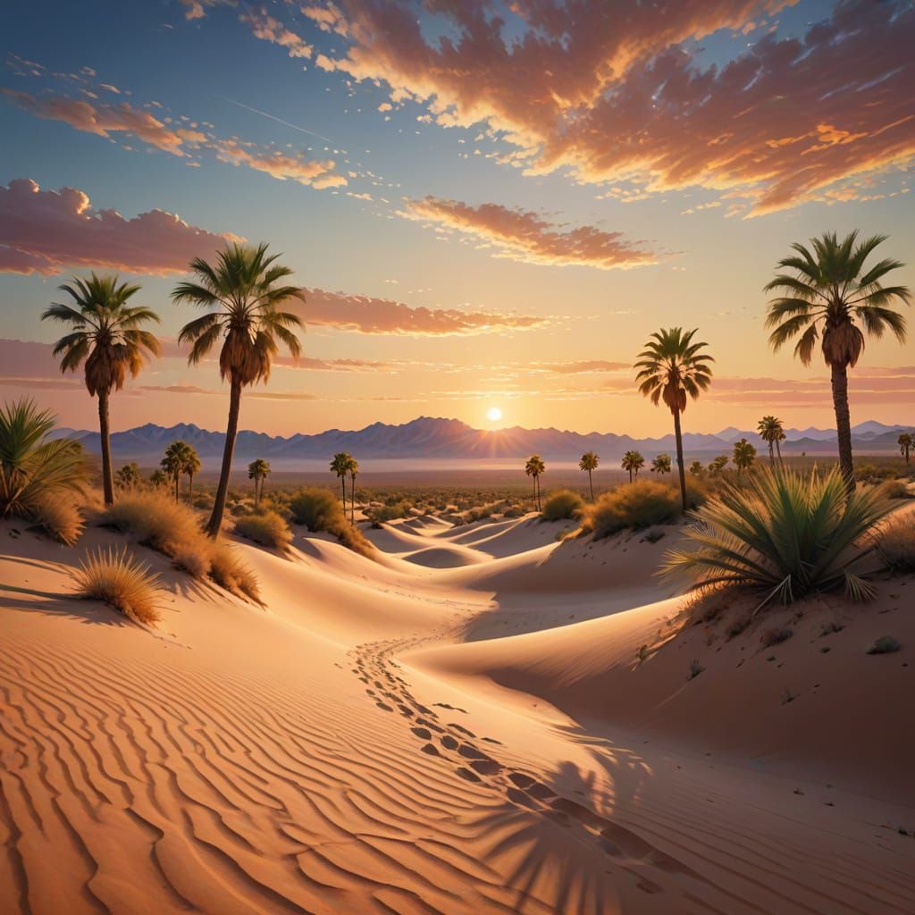 Dreamy Desert Oasis at Midnight in Soft Focus