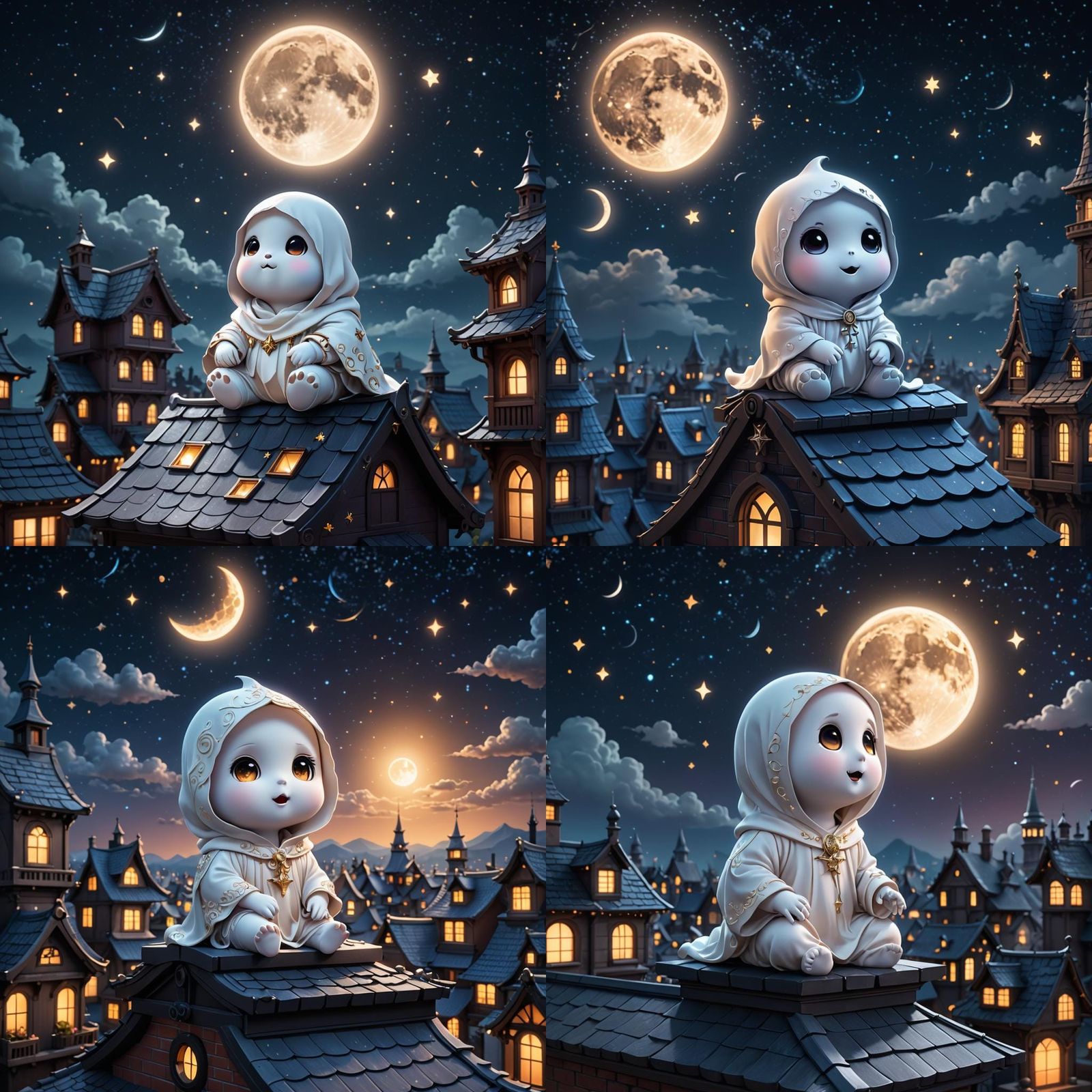Adorable Chibi Ghost Watching Moonlit Sky