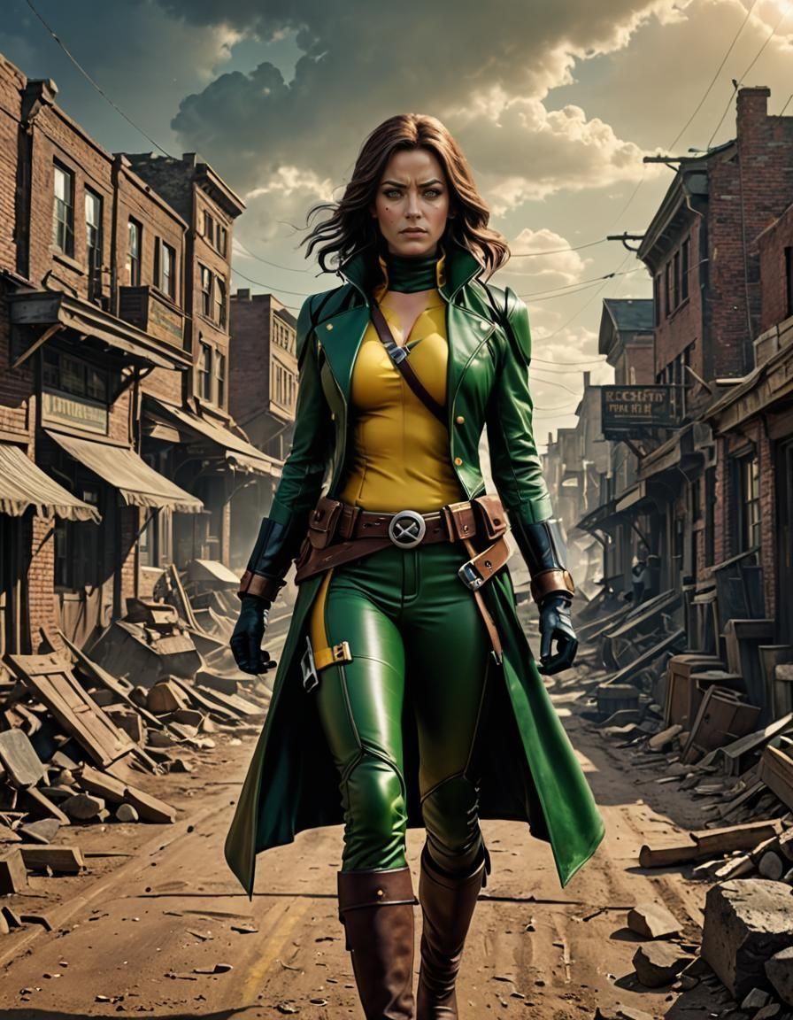 X-Men Rogue in Desolate Town: Hyperrealistic Anime Art