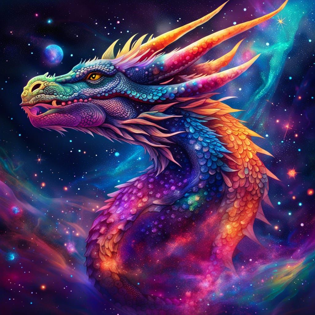 Cosmic Dragon Swimming in Galaxy, Mixed Media Illustration