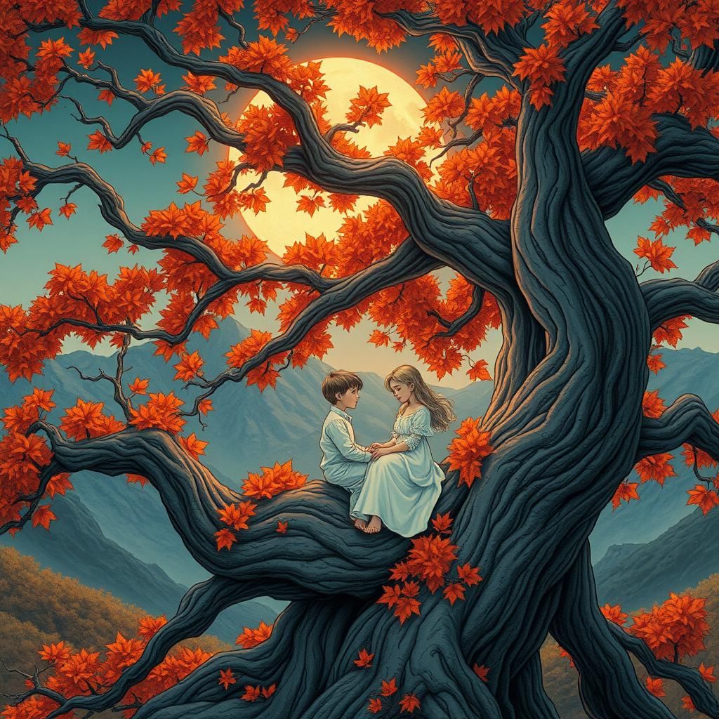 Children Under Red Moon in French Bande Dessinée Style