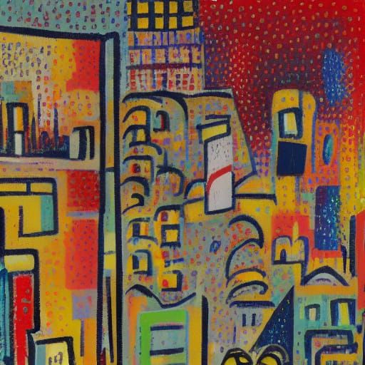 Detroit Urban Scene in Pointillist Style