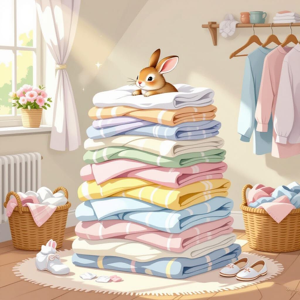 Whimsical Laundry Folding Itself in Beatrix Potter Style