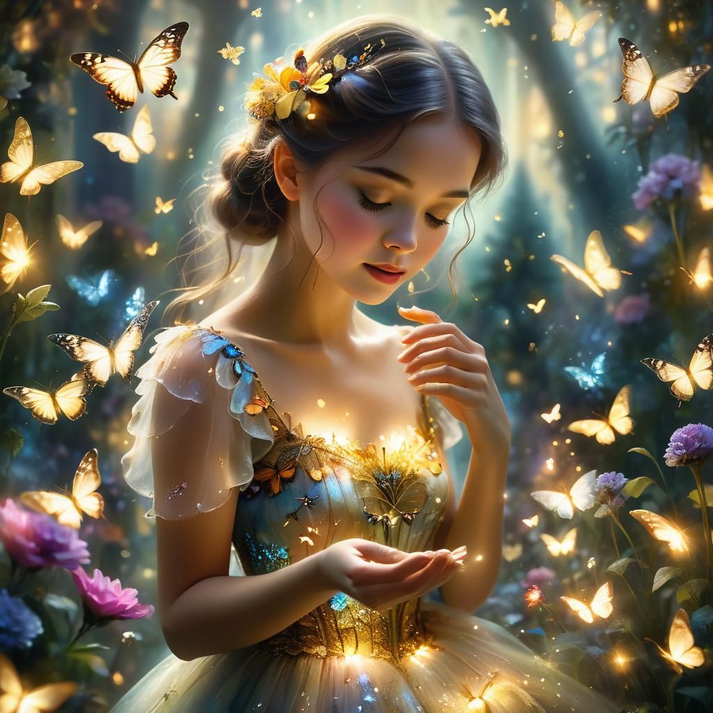 Ethereal Woman Touches Flowers in Enchanted Garden